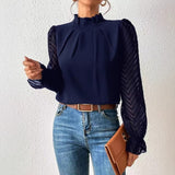 2025 Spring And Autumn New Solid Color Half Height Folding Spliced Wavy Lotus Leaf Side Long Sleeve Yarn Cloth