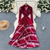 Light Luxury Elegant Dress Women's Fashion Collar Double Buckle Waist Long Sleeve Splicing Print 100 Folds Long Skirt