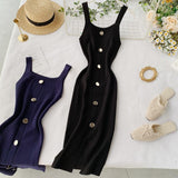 Knitted Dress 2025 New Summer Temperament Square Collar Slim Thin Buckle Sleeveless Vest Open Bottom Skirt