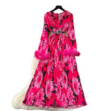 High-End Elegant Dress Women 2025 New Light Style Waist Hair Sleeve Splicing Print 100-Folded Long Dress