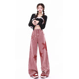 Dopamine Girl Wears Embroidered Straight Jeans Female Autumn Vintage High-Waisted Star Broad-Legged Pink Pants