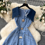 Design-Sensitive Large-Cuffless Vest Dress Women's Heart-Cuffed Long Retro Denim Dress Girl