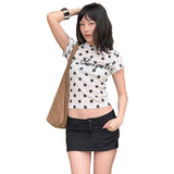 2025 Autumn New Women's Hottie Round Collar Wave Point Letter Print Repair Bottom Short-Sleeved Top