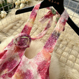 Summer Three-Dimensional Flowers Hanging Neck Slings Loose Short A-Shaped Dress Women's Lotus Leaf Side Vacation Skirt