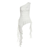 2025 Summer Fashion Trend Women's New Slant Shoulder Repair Letter Drill Irregular Vest Woman