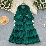 2025 New Elegant Dress Spring Dress High-End Retro Collar Lantern Sleeves To Close Waist Lotus Leaves Side Pressure Skirt Dress Woman