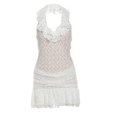 Spring 2025 Fashion Trend Women's New Hanging Neck Bare Back Body Solid Color Lotus Leaf Side Dress