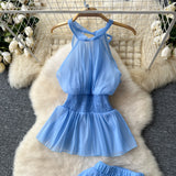 Holiday Style Suit Women's Summer French Waistless Sleeveless Hanging Neck Top High Waist Thin Half Skirt Two-Set