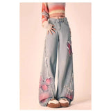 Butterfly Splicing Jeans Women Autumn And Winter Design Sense Loose Straight Pear-Shaped Casual Broad Legs Long Pants