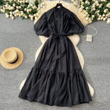 Oceanish Lantern Sleeve Strap With Waist Single Buckle Dress + Inside The Sling Dress Suit