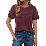 2025 New Women's Round Collar Casual T Overalls Solid Color Lace Sleeve Top