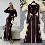 French High-End Sense Niche Fashion Side To Receive Waist Round Collar Long-Sleeved Sweater Dress Female Thin Dress