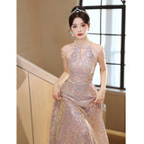 Pink Lysung Dress Dress Dress 2025 New Toaster Light Luxury Niche Conference Host Banquet Evening Dress