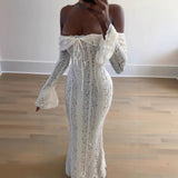 Women's Dress 2025 New Fashion Elegant Sexy One-Word Shoulder Lace Dress