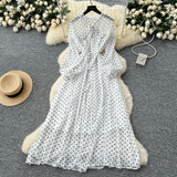 French High-End Neckline Bow Tie Lantern Sleeve Lace Lace To Receive Waist Wave Dot Skirt Chiffon Dress