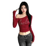 2025 Winter Fashion Trend Women's New Personality Hottie Slant Shoulder Repair Letter Hot Umbilical Umbilical Clad Tops