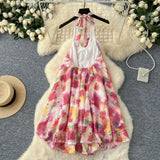 Summer Three-Dimensional Flowers Hanging Neck Slings Loose Short A-Shaped Dress Women's Lotus Leaf Side Vacation Skirt