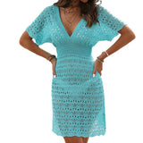 2025 New Beach Dress Corrugated Hollow Dress Deep V Elastic Waist Hot Beach Burqa
