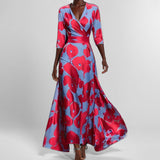 2025 Women's Fashion Elegant Temperament V-Neck Print With Large Skirt Dress Dress Woman