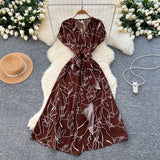 2025 Summer New Small High-End Sense V-Neck Short-Sleeved Waist Irregular Open-Fork Print Dress Women's Long Dress