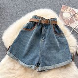 Belt And Waist Cowboy Broad-Legged Shorts Women Retro Niche High-Rise Thin Casual Hot Trousers