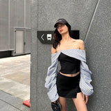 Women's Clothing 2025 Summer New Fashion Stripe Bumped A Word Shoulder-To-Shoulder Repair Slim Thin Long-Sleeved Top Lady