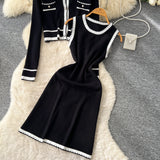 Small Fragrant Style High-End Set Of Women's Autumn Fashion Crash Round-Neck Long-Sleeved Knitted Shirt Sleeveless Vest Skirt