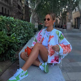 2025 Summer Women's Retro Loose-Fitting Round-Neck Long-Sleeved Flower Print Drawstring Cotton Coat