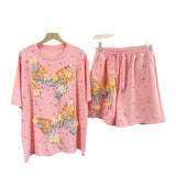 Fashion Set European Dress Design Butterfly Set Drill Short Sleeve T-Shirt Blouse Woman + Tight Waist Broad Leg Shorts Two Sets
