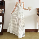 2025 Spring And Summer New Women's Dress French Sister Bo Dot Hanging Neck Dress Women's High Sense V To Receive The Waist Big Swing
