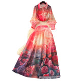 Cpro Actress High-End Printing Set Female Lantern Sleeve Buckle Shirt + High Waist Swing Half Body Skirt