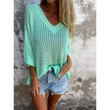 Special For The New T-Shirt Women's Hollow Long-Sleeved Knitted Shirt Languid Style Design V Collar Sunscreen Sexy Wind