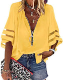 2025 New V-Neck Zipper Shirt Half-Horn Sleeve Grid Spliced Loose Casual Shirt For Women