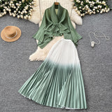 Miyajie Wrinkled Butterfly Sleeve Gradient With Shawl Short Coat Top + Gradient 100 Folded Skirt Two-Piece Suit