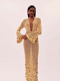 Spring/Summer 2025 New Temperament V-Necked Liangs Sleeve Knitted Long Dress