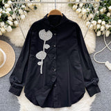 Spring Day Shirt Women 2025 New French Heavy Industry Diamond Three-Dimensional Flowers Loose Thin Single-Drilled Chic Shirt
