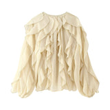 Laminated Decoration Fashion V-Neck Long-Sleeved Shirt 2025 Spring And Summer Thin Single-Dbutton Loose Top Woman