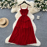 French Tea Break Retro Sling Dress Women's Holiday Wind To Show Thin Folds Design Long Skirt