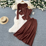 Small Fragrant Style Wears Women's Three-Piece Set Of Sleeveless Vest Metal Buckle Long-Sleeved Knitted Skirt