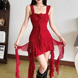2025 Summer Women's New Temperament Pure Hot Girl Hanging Lotus Leaves Side Irregular Waist Dress Dress Woman