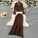 Korean Wearing A Female Gentle Wind High-End Feeling V-Neck Long-Sleeved Empty Crochet Knitted Half-Dress