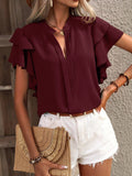 2025 Women's Summer New V-Neck Casual Double-Layer Lotus Leaf Sleeve Solid Shirt Top