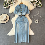 Vintage Hong Kong Style Denim Dress Woman 2025 Summer New High-End Temperament To Show Thin Long Dress