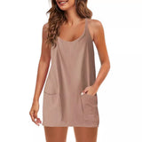 2025 Summer Solid Sleeveless Dress Fine Shoulder Strap Vest Skirt Sports Skirt Pocket