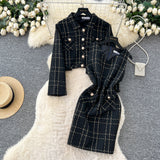 Autumn And Winter Small Fragrant Style Temperament Long-Sleeved Coarse Flowers, Two Sets Of Waist Vests And Hip Dress Women