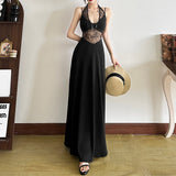 Fashion 2025 Summer New Women's Style Sexy Lace Hollow Splicing Long Sleeveless Dress Woman