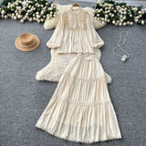 French Temperament Set Female Court Vintage Lace Spliced Lantern Sleeve Single-Button Shirt High-Waisted Skirt