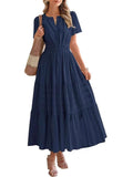2025 Spring And Summer Women's New Fashion V-Neck Folding Bubble Sleeve Layer - Big Swing Dress Woman