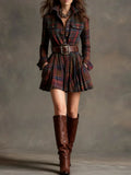 2025 Women's Digital Printed Check-Shirt Dress Waist Pocket Dress