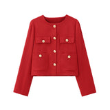 Women's Solid Color Coat 2025 Spring Commuter Leisure Buckle Dress Short Long-Sleeved Round-Neck Suit